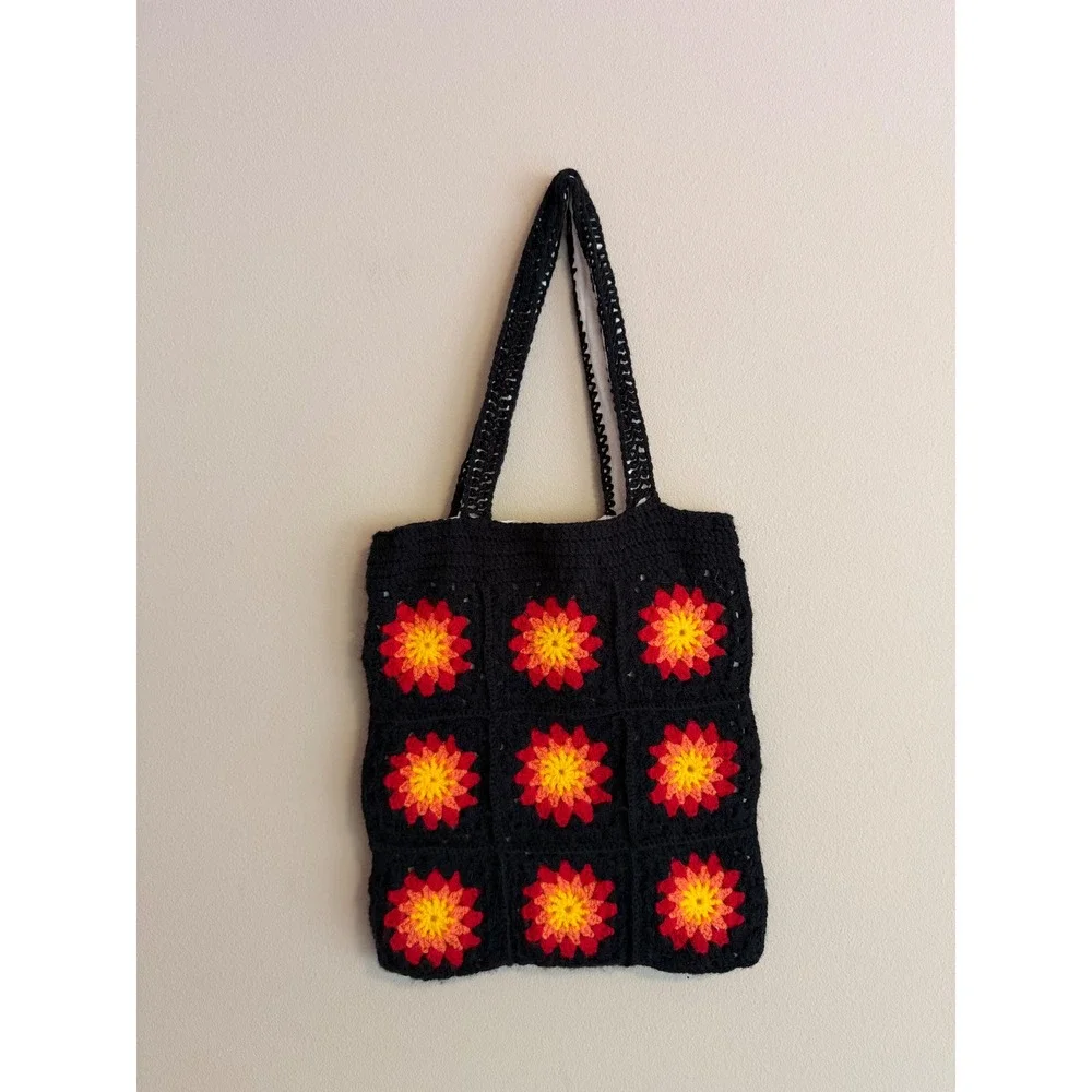 Handmade Crochet Square Tote Bag Black Red Floral Boho Lined Shoulder Bag